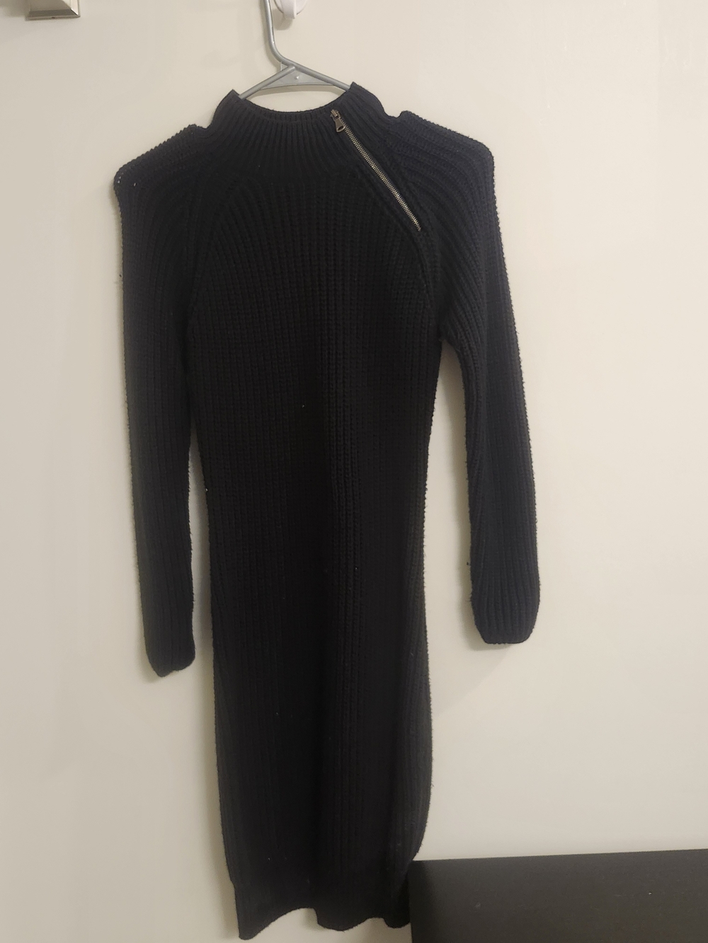 if it were me Black Ribbed Knit Long Sleeve Dress with Diagonal Zip